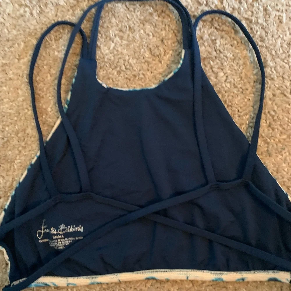 Frankies Bikinis Medley Shibori Tie Dye High Neck Navy/White Strappy Top Size S - Picture 8 of 8